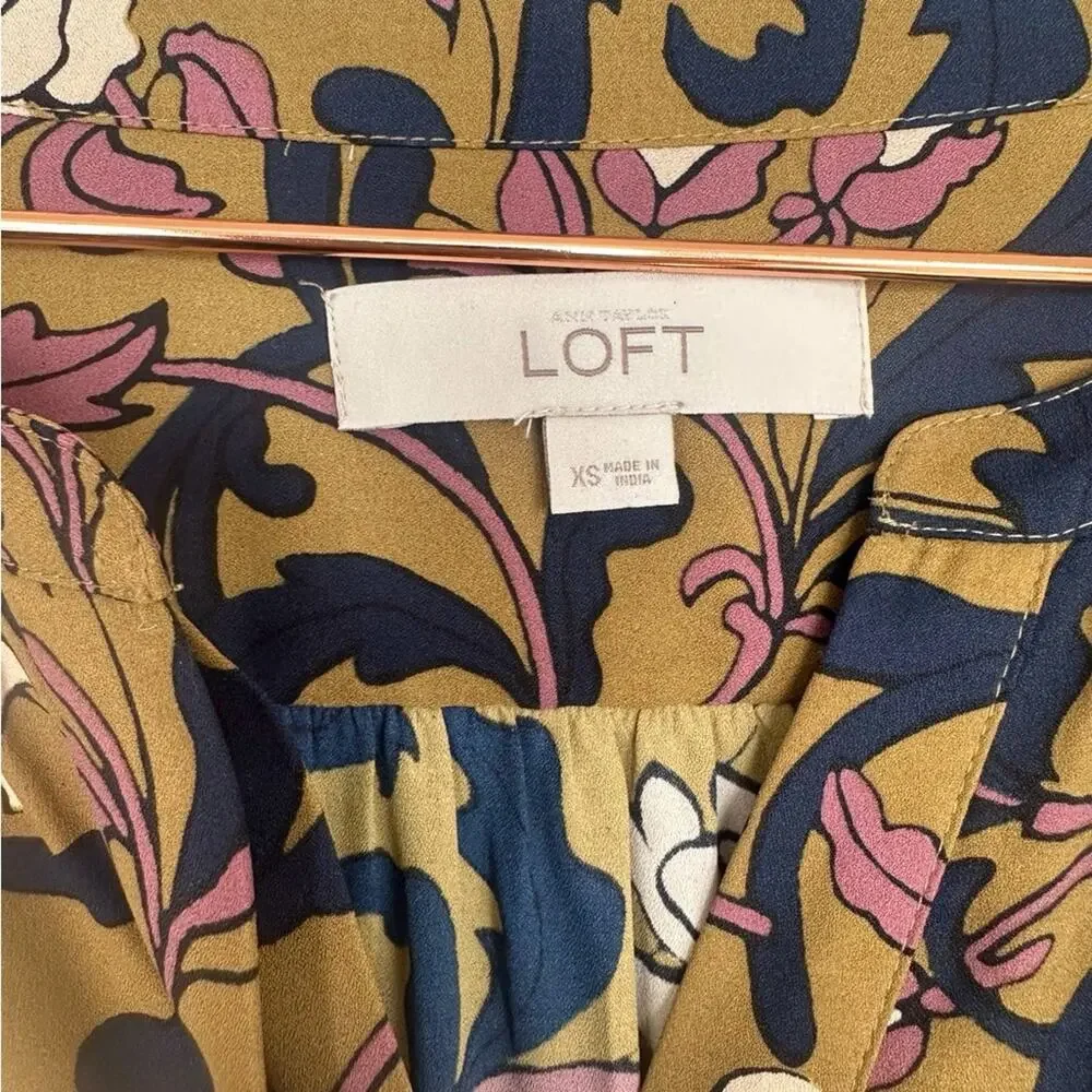 LOFT Floral Print Long Sleeve Olive Dress - Size XS - Picture 3 of 6